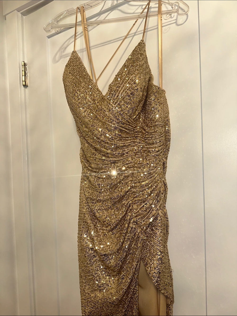 Gold Sequin Draped Spaghetti-Strap Evening Dress